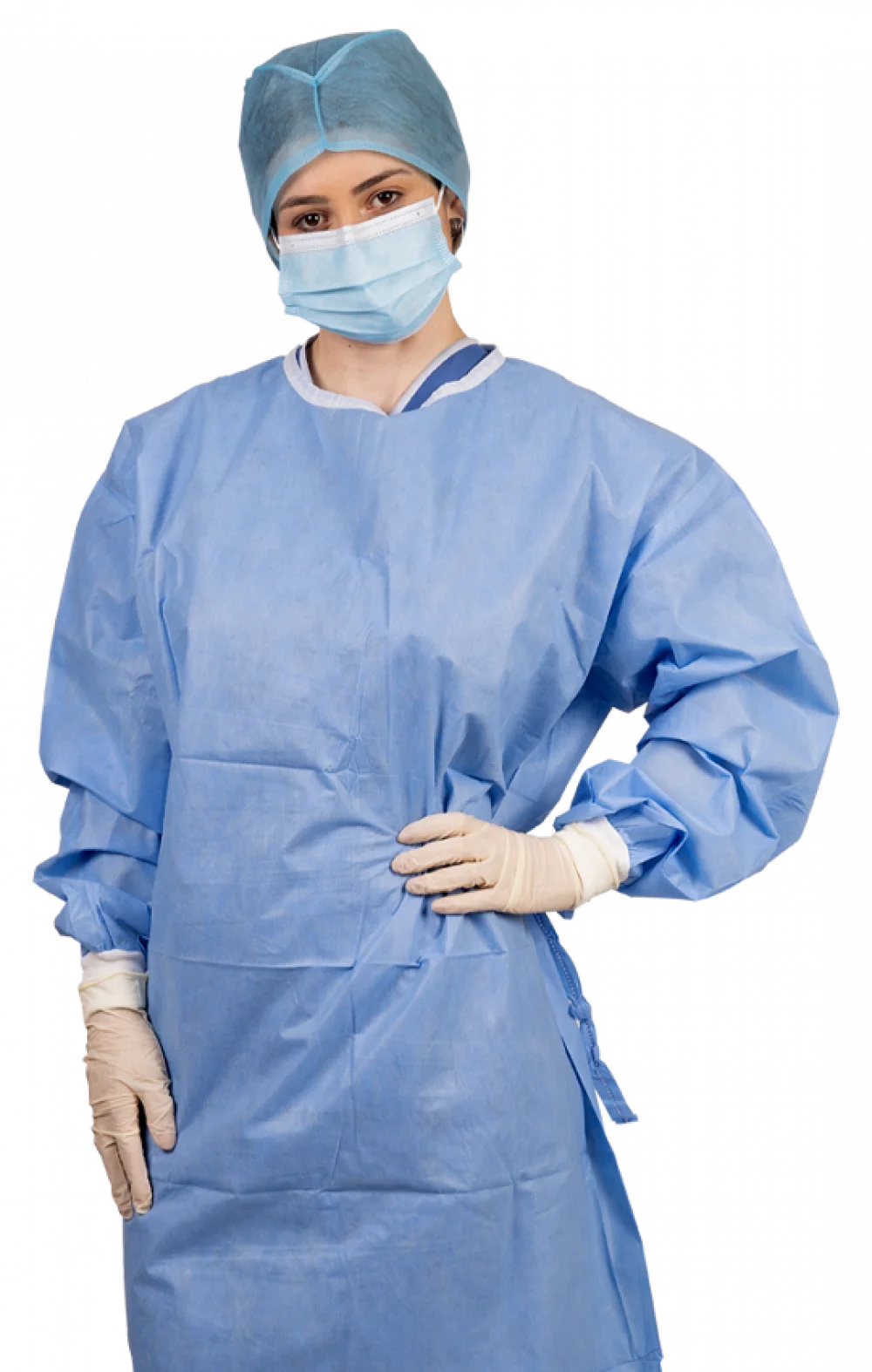 AVENTAL CIRÚRGICO DESC. P. MALHA 2 TOALHA TAG COR AZUL SMS 40GR SEM REFORÇO TAM. 150*165 - ESTÉRIL