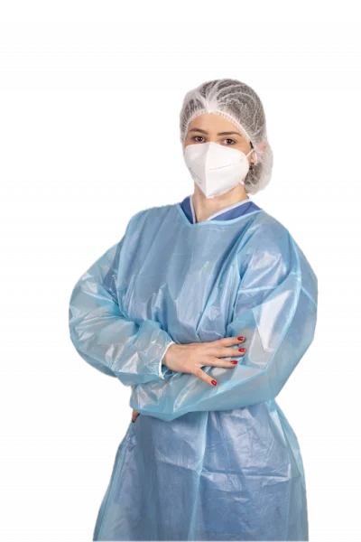 AVENTAL DESC. M. LONGA PUNHO ELAST.  VIÉS E CINTO OVERLC. COR AZUL PP+PE LAMINADO 40GR TAM. 140*120